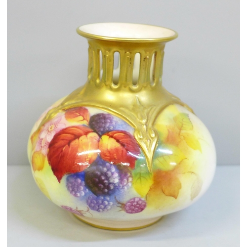 619 - A Royal Worcester vase, signed K (Kitty) Blake, Autumn Fruits design, H306, circa 1930, 10cm