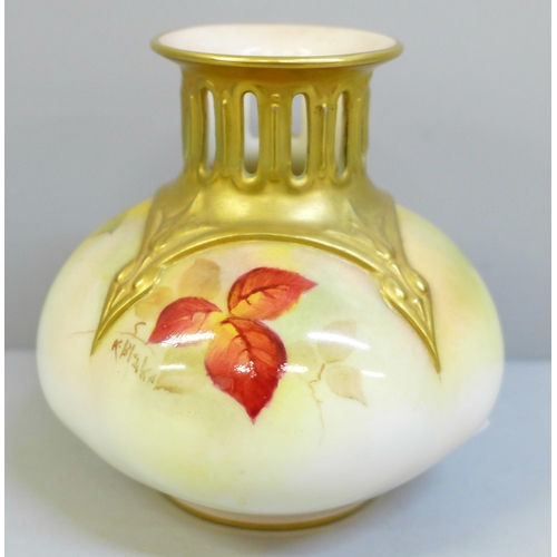 619 - A Royal Worcester vase, signed K (Kitty) Blake, Autumn Fruits design, H306, circa 1930, 10cm