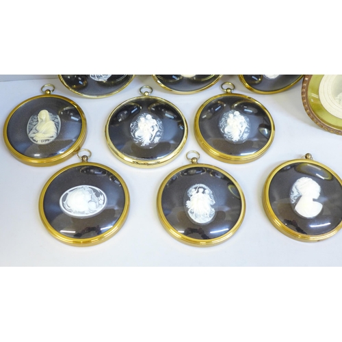 626 - Nine mounted cameos and a gilt brass photograph frame