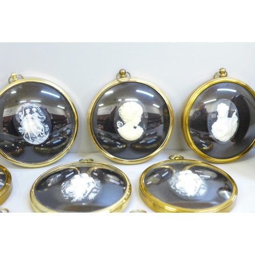 626 - Nine mounted cameos and a gilt brass photograph frame