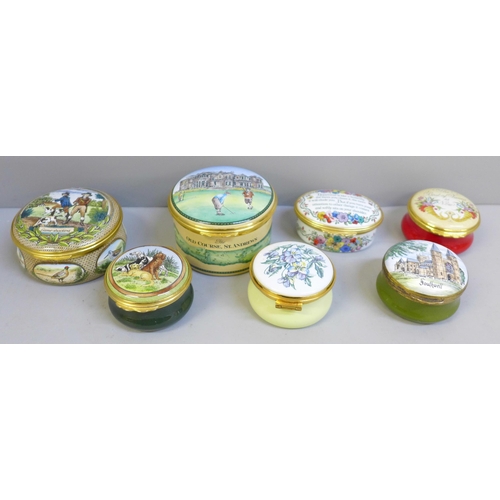 636 - Five Halcyon Days enamel trinket boxes and two others, Crummels and Kingsley