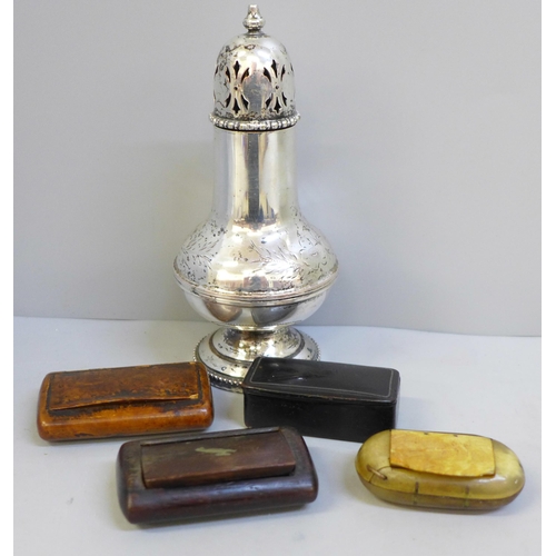 639 - Four snuff boxes and a plated shaker