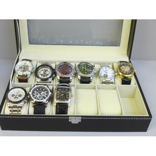 640 - A case of nine wristwatches, Infinate, Invicta with spare links, Skmei x2, Winner and Ellesse with s... 