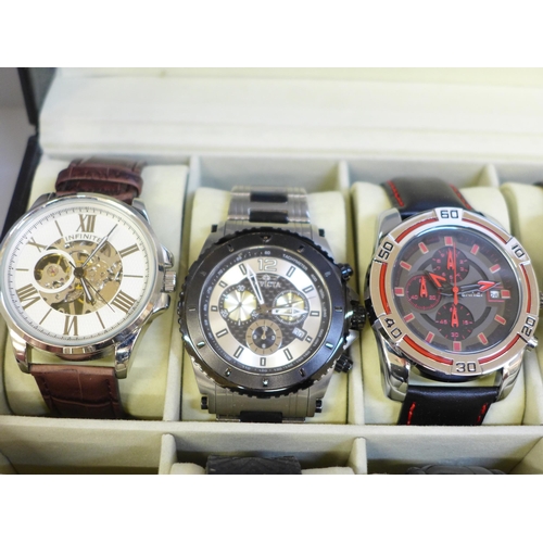 640 - A case of nine wristwatches, Infinate, Invicta with spare links, Skmei x2, Winner and Ellesse with s... 