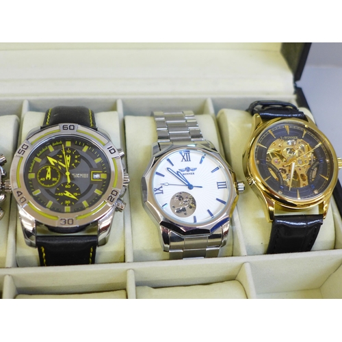 640 - A case of nine wristwatches, Infinate, Invicta with spare links, Skmei x2, Winner and Ellesse with s... 