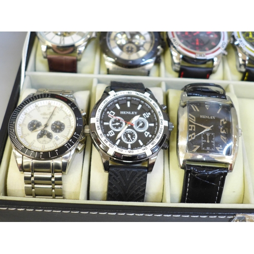 640 - A case of nine wristwatches, Infinate, Invicta with spare links, Skmei x2, Winner and Ellesse with s... 