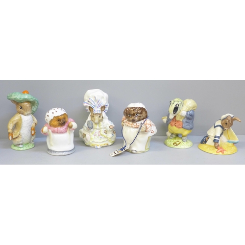 643 - Six figures; five Beatrix Potter by Beswick, Royal Doulton and Enesco and a Sailor Bunnykins