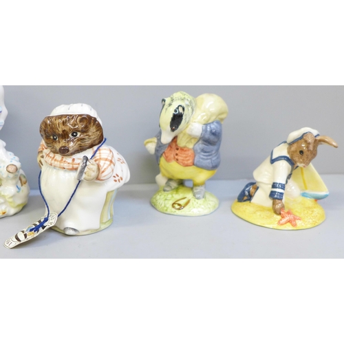 643 - Six figures; five Beatrix Potter by Beswick, Royal Doulton and Enesco and a Sailor Bunnykins