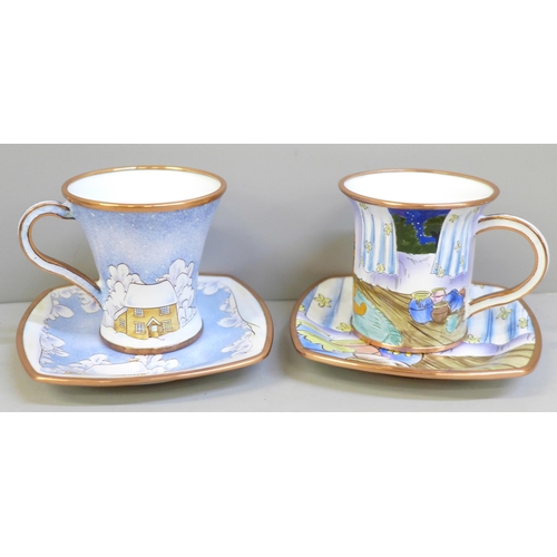 644 - Two enamelled cups and saucers, Border Fine Arts Snowman and Disney Winnie The Pooh with Tigger