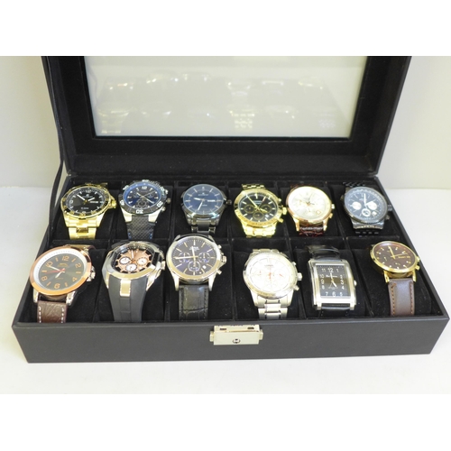 650 - A case of twelve fashion wristwatches, Accurist x3, Sekonda x2, Rotary, Slazenger, DKNY, etc.