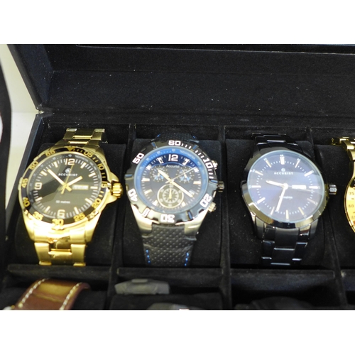 650 - A case of twelve fashion wristwatches, Accurist x3, Sekonda x2, Rotary, Slazenger, DKNY, etc.