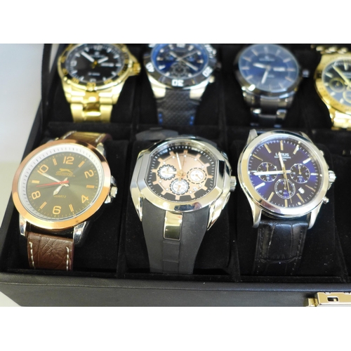 650 - A case of twelve fashion wristwatches, Accurist x3, Sekonda x2, Rotary, Slazenger, DKNY, etc.