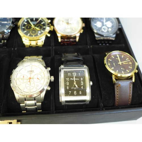 650 - A case of twelve fashion wristwatches, Accurist x3, Sekonda x2, Rotary, Slazenger, DKNY, etc.