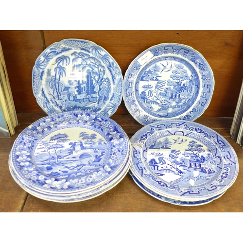 680 - A blue and white Davenport dish and a Davenport plate with farmyard scene, both circa 1815, and a Cl... 