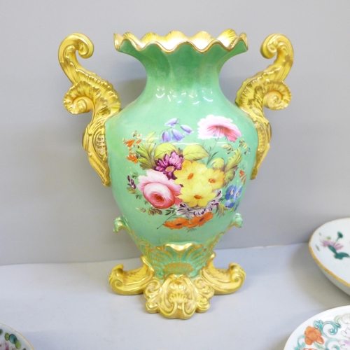 687 - A Georgian New Hall teapot, rim chipped, a Coalport vase, green with floral detail, restored, a pair... 