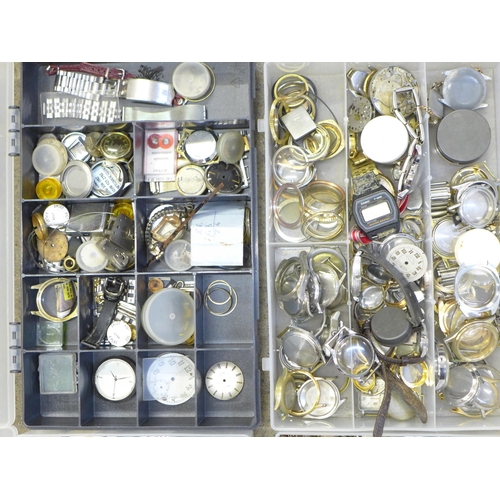 691 - Five tubs of mixed watch parts, cases, movements, dials, etc.