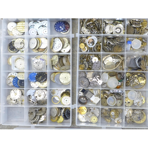 691 - Five tubs of mixed watch parts, cases, movements, dials, etc.