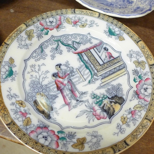 694 - Two Imari plates, a Noritake enamelled plate, a Samson Armorial lidded vase, an Ironstone plate, an ... 