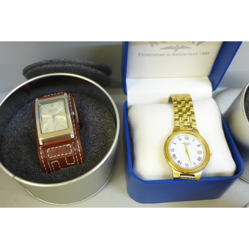 708 - Watches; two boxed Rotary gentleman's watches and two sets of GLO matching his and hers watches