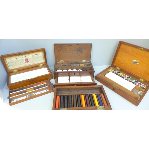 717 - Four late 19th/early 20th Century artist's wooden paint boxes including early Reeves & Sons