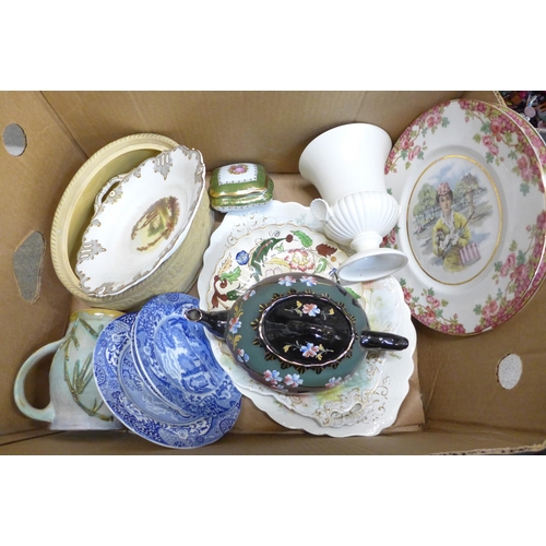 739 - A box of assorted ceramics including a game pie dish, Spode blue Italian plates, Jacksdale teapot, e... 