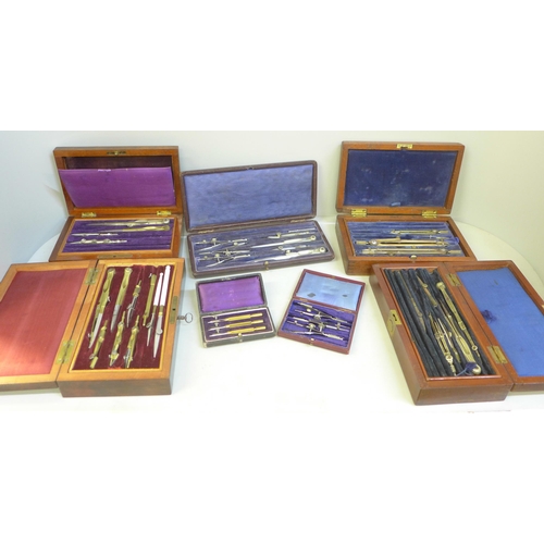 750 - Four 19th Century and three later cased sets of drawing instruments