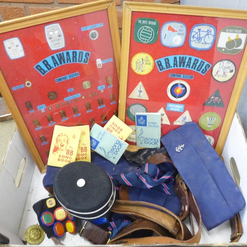 758 - A collection of Boys Brigade items, two framed displays and other badges, belts, ties, etc.