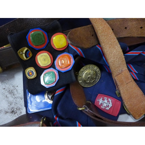 758 - A collection of Boys Brigade items, two framed displays and other badges, belts, ties, etc.