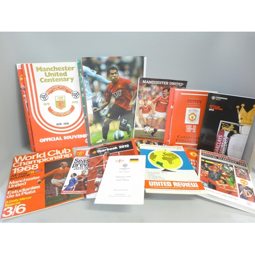 760 - Football memorabilia; a box of Manchester United ephemera including autographed photograph of Carlos... 