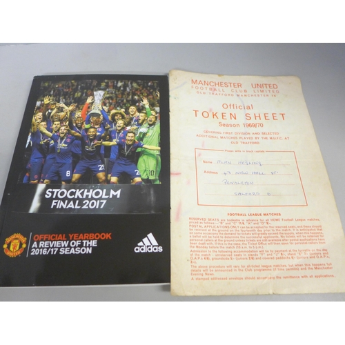 760 - Football memorabilia; a box of Manchester United ephemera including autographed photograph of Carlos... 