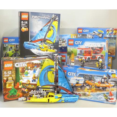 762 - Nine Lego sets; five City including 4 x 4 Response Unit and Heavy Cargo Transport, Technic Racing Ya... 