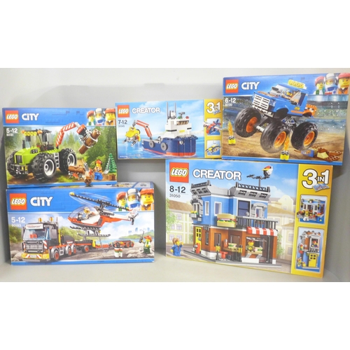 762 - Nine Lego sets; five City including 4 x 4 Response Unit and Heavy Cargo Transport, Technic Racing Ya... 