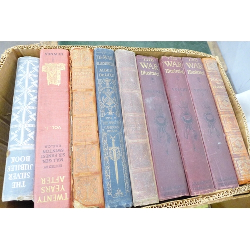 769 - Three boxes of books including The War Illustrated, 19th Century books, etc.