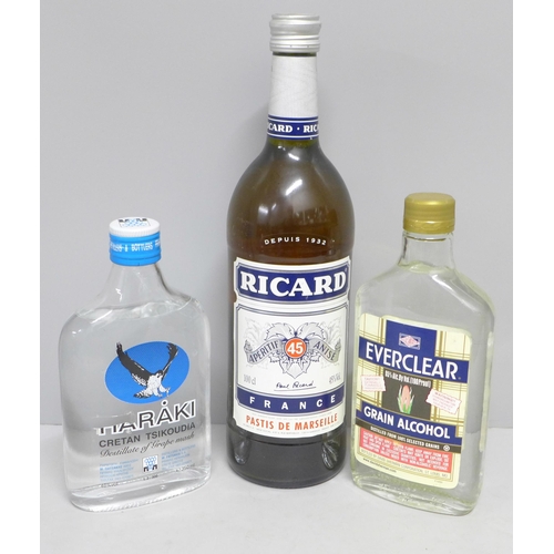 773 - A bottle of Ricard aperitif, Everclear Grain Alcohol and Haraki Destillate of Grape Mash (3) **PLEAS... 