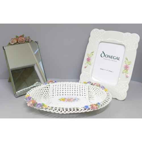 778 - A Barbola mirror, a Donegal Belleek photograph frame and a continental porcelain weave shallow dish ... 