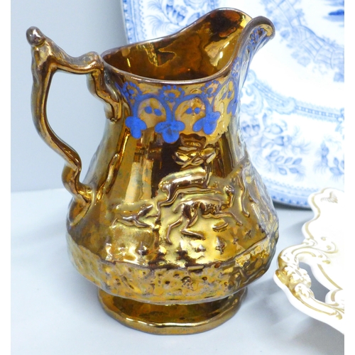 787 - A Victorian copper lustre jug with deer detail and a large mug with floral detail, a blue and white ... 