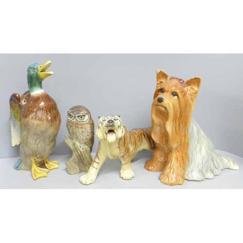 788 - A Beswick fireside Yorkie 2377, a/f, right ear chipped, a model of an owl, signed M. Booth for Acorn... 