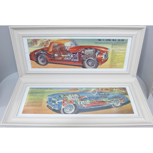 791 - Two framed 1950s vintage car cutaway diagram prints, The 1½ litre MG Ex. 182 and Austin Healey 100