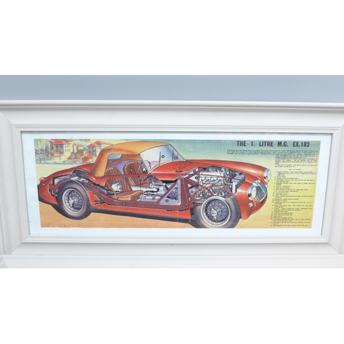 791 - Two framed 1950s vintage car cutaway diagram prints, The 1½ litre MG Ex. 182 and Austin Healey 100