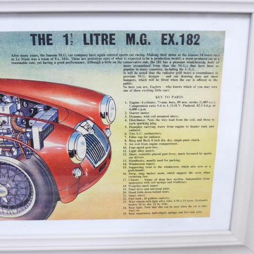 791 - Two framed 1950s vintage car cutaway diagram prints, The 1½ litre MG Ex. 182 and Austin Healey 100