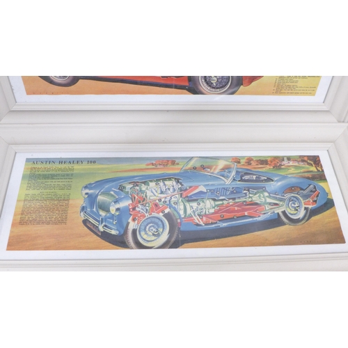 791 - Two framed 1950s vintage car cutaway diagram prints, The 1½ litre MG Ex. 182 and Austin Healey 100