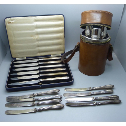 796 - A set of six silver handled knives, other assorted silver handled knives (6+2) and a collection of s... 