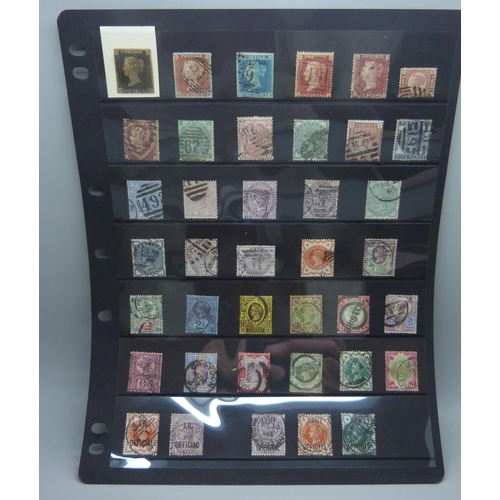 797 - Stamps; a stock sheet of GB Queen Victoria stamps, penny black onwards