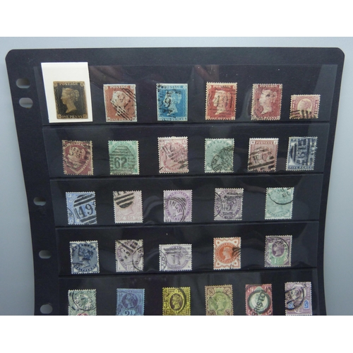 797 - Stamps; a stock sheet of GB Queen Victoria stamps, penny black onwards