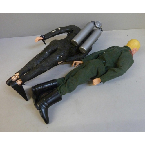 800 - Two vintage Action Man figures, dinghy and a collection of accessories