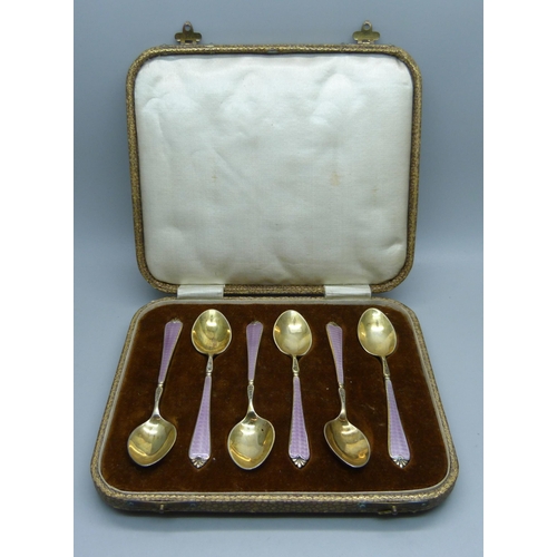 836 - A cased set of six silver and guilloche enamel spoons by Adie Bros., Birmingham 1929/30, 69g