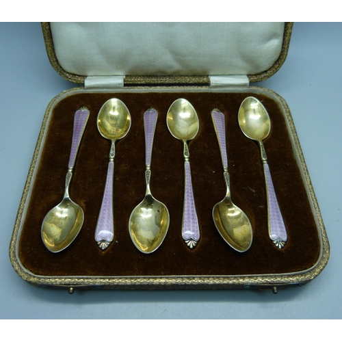 836 - A cased set of six silver and guilloche enamel spoons by Adie Bros., Birmingham 1929/30, 69g