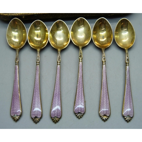 836 - A cased set of six silver and guilloche enamel spoons by Adie Bros., Birmingham 1929/30, 69g