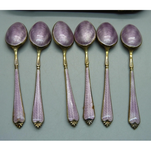 836 - A cased set of six silver and guilloche enamel spoons by Adie Bros., Birmingham 1929/30, 69g