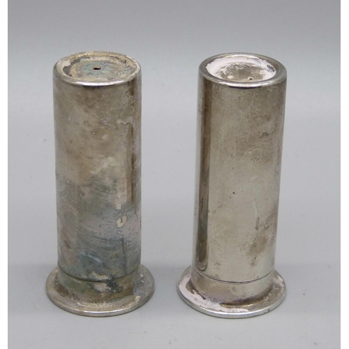 847 - A novelty silver shotgun cartridge style salt and pepper pair, Birmingham 1996, 64g